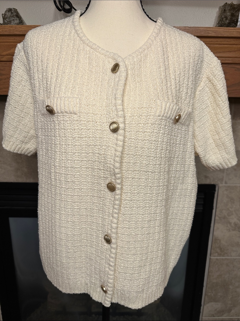 A New Day XL Cream Lady Jacket Cardigan Gold Button Short Sleeve Sweater